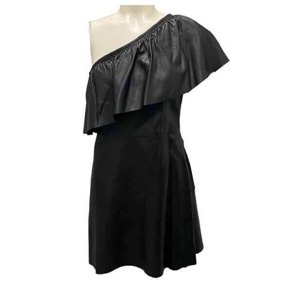 A.L.C. Black One Shoulder Lamb Leather Kahlo Mini Dress